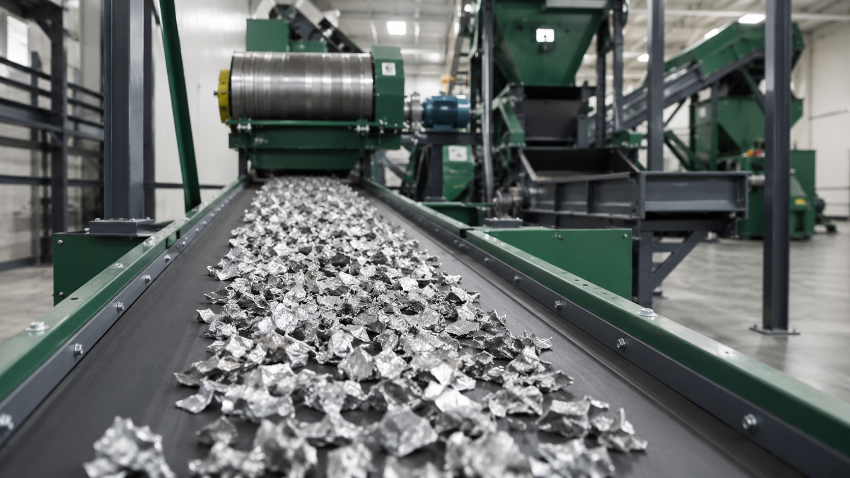 Aluminum scrap on a conveyor entering the recycling process