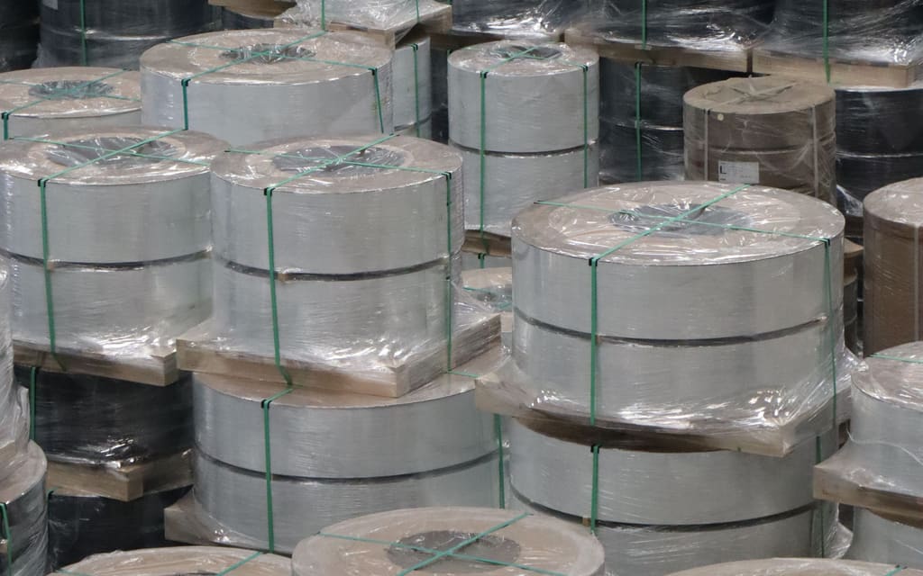 Stacks of coils wrapped in plastic film and strapped on wooden pallets